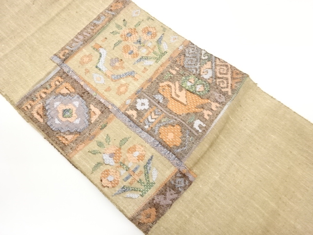 JAPANESE NAGOYA OBI / TSUMUGI / EMBROIDERY / ABSTRACT SHIKISHI PATTERN